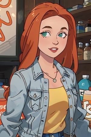 1girl, long hair, solo, green eyes, yellow shirt, orange hair, red hair, breasts, jacket, upper body, lips, necklace, looking at viewer, blue jean, happy, standing
