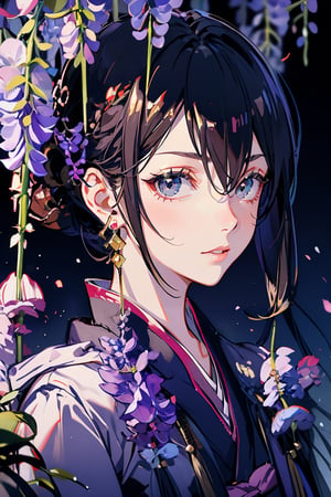 1girl,photorealistic,ANIME_AttackOnTitan_YmirFritz_ownwaifu,ukiyoe style, Japanese style, exquisite kimono, long hair, hair over eyes, grey eyes, red lips, shaded face, (looking at viewer:1.4), (nature, water, onsen, mountain, rocks, wisteria),FFIXBG,midjourney