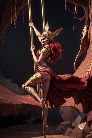 (full body), (dancing), high quality, masterpiece, rotten, Slim body, 1girl, underage, backround, cave, corpses, helmet covering eyes, blade. elden ring, intricate details, hyperdetailed, lightroom, rich colors, More Detail, malenia blade of miquella, pole_dancing