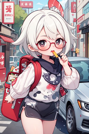 (close up camera), high quality, teenager, masterpiece, white skin, Slim body, 1girl, backpack, underage, backround, japan street, cars, cartoon, intricate details, hyperdetailed, lightroom, rich colors, More Detail, toast in mouth, looking_at_viewer, skirt, pitbull glasses, paimondef