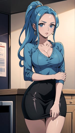 single,lum,pencil_skirt,blouse,office,tight_thighs,clevage,looking_at_viewer,nefertari_vivi, blue hair, jewelry,sweater_dress, ponytail