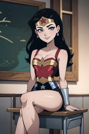 ,pencil_skirt,sleeveless,smile,arms_behind,Tight thighs, clevageTight thighs, cleavage,sitting,class_room,wonderwoman