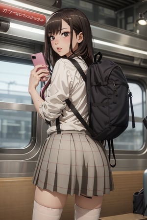 1girl, ass, solo, thighhighs, phone, grey skirt, looking at viewer, bag, looking back, skirt, backpack, black hair, cellphone, jacket, train interior, skirt lift, from behind, holding phone, long hair, clothes lift, smartphone, holding, bangs, no panties, parted lips, school uniform,cameltoe,tsurime,Anime,More Detail,kitagawa marin sb