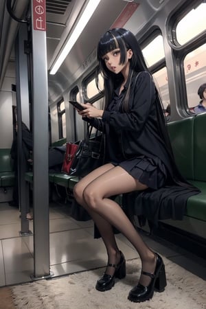1 girl, ass, alone, thighs, phone, high heels, shiny patent leather heels, short dress, looking at viewer, image taken from afar, bag, sitting, black hair, cell phone, train interior, up skirt, hold phone, long hair, lifting clothes, smartphone, hold, bangs, no panties, parted lips, contrasts with light, RAW resolution, unique details, (people in the background: 1.2), cameltoe, tsurime, anime, more details, full body photograph, full angle, photograph taken from a distance,Anime,JuufuuteiRaden
