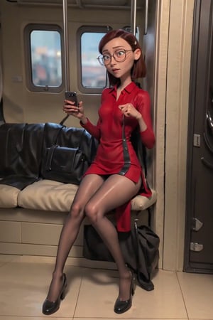 1 girl, ass, alone, thighs, phone, high heels, shiny patent leather heels, short dress, looking at viewer, image taken from afar, bag, sitting, black hair, cell phone, train interior, up skirt, hold phone, long hair, lifting clothes, smartphone, hold, bangs, no panties, parted lips, contrasts with light, RAW resolution, unique details, (people in the background: 1.2), cameltoe, tsurime, anime, more details,lindagunderson