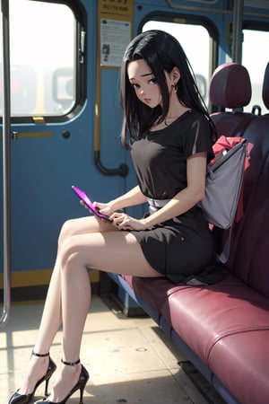 1 girl, ass, alone, thighs, phone, high heels, shiny patent leather heels, short dress, looking at viewer, image taken from afar, bag, sitting, black hair, cell phone, train interior, up skirt, hold phone, long hair, lifting clothes, smartphone, hold, bangs, no panties, parted lips, contrasts with light, RAW resolution, unique details, (people in the background: 1.2), cameltoe, tsurime, anime, more details, full body photograph, full angle, photograph taken from a distance,Anime,defKale,white pantyhose