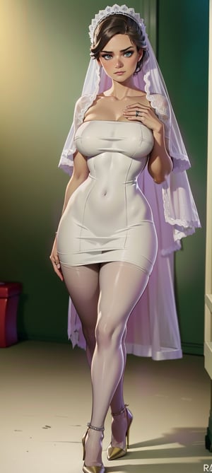 Beautiful girl, hair between her eyes, natural blush, outlined eyes, perfect body, very big breasts, hourglass body.

wedding dress, wedding dress, (tight-fitting wedding dress), (white pantyhose), large breasts, walking, in a room, looking at viewer, (heel closet in background: 1.2), sunlight, hands at waist: 1.5, embarrassed expression, embarrassed, high heels with ankle strap, ,High detail, cinematic lighting, full shot, 55mm lens, production quality, depth of field, film photography, professional grading, exquisite details , sharpness. -focus, intricately detailed, f/2.8, realistic photography, real lighting, studio lighting, decorative lighting, GB shift, ray tracing, antialiasing, FKAA, TXAA, RTX, SSAO, shaders, tone mapping, CGI, VFX ,Anime,marge simpson