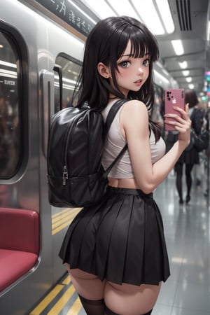 1girl, ass, solo, thighhighs, phone, grey skirt, looking at viewer, bag, looking back, skirt, backpack, black hair, cellphone, jacket, train interior, skirt lift, from behind, holding phone, long hair, clothes lift, smartphone, holding, bangs, no panties, parted lips, school uniform,cameltoe,tsurime,Anime,More Detail,goth girl