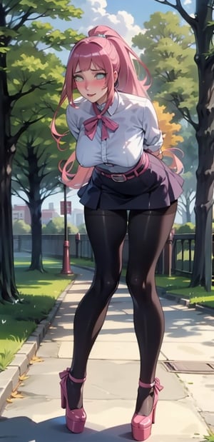 Pretty girl, long white hair, green eyes, hair between her eyes, natural blush, perfect body, big breasts.

Ponytail, short blouse and short denim skirt with pink pantyhose, walking, in park, looking at viewer, (people in background: 1.2), bright sunlight, hands behind back: 1.5, leaning forward , bent over, ankle strap platform high heels, pantyhose pulling, panty pulling, high heels, Belted Skiff,LatexConcept, pink pantyhose and white knee high stockings,hinata_boruto