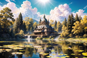 (extremely detailed CG unity 8k wallpaper),(((masterpiece))), (((best quality))), ((ultra-detailed)), (best illustration),(best shadow), ((an extremely delicate and beautiful)),dynamic angle, close-up of a small house by the lake, beautiful sunny summer day, water lilies in the lake blooming, lush plants, sunlight shining through the white clouds, bold colors, fairy tale, fantasy,wind,classic, (detailed light),feather, nature, (sunlight),beautiful and delicate water,(painting),(sketch),(bloom),(shine), high resolution, high contrast ratio, high detail, high texture, texture surreal high quality figure, ultra high quality, golden ratio