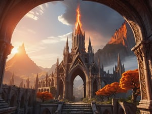 wrench_elven_arch, A sky ablaze over an elven city in ruins with gothic architecture, surrounded by ominous demonic veins mountains,DonMD3m0nV31ns,EpicArt