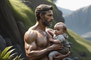 (((masterpiece))), high quality, extremely detailed, 4K, 8K, (nature:1.3), (father with his baby in his arms:1.3), super fine illustration, real photo, line art, approaching perfection, insanely detailed, concept art, epic, cinematic. Unreal engine 5,ink,Stylish