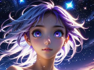 masterpiece, best quality, illustration, stars in the eyes,dishevelled hair,Starry sky adorns hair,1 girl,sparkling anime eyes,beautiful detailed eyes, beautiful detailed stars,blighting stars,emerging dark purple across with white hair,multicolored hair,beautiful detailed eyes,beautiful detailed sky, beautiful detailed water, cinematic lighting, dramatic angle,