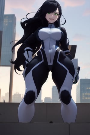 1girl, woman, curvy_hips, giantess, cityscape, big_lady, superhero, white outfit, white tights, full-bodysuit, hands_on_hips, big hands, black_hair, full-gloves, gloves, metal_gloves, really_tall, very_tall, tall, giantess