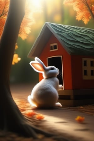 
1 child take1 rabbit,next to a small house in the forest with sunlight filtering through the leavescorner