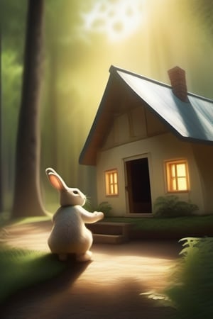 
1 child,1 rabbit,next to a small house in the forest with sunlight filtering through the leavescorner