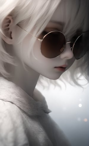 ((Bokeh:1.5)),((Soft focus:1.5)),(Fog),((blur)),, emo, beautiful young albino girl, 18 years old, alabaster skin, very short brown hair, wearing glasses sun, round glasses ((messy hair)), (dark circles in the eyes), ((view from the side: 1.5)), the girl has beautiful red eyes, soft expression, depth and dimension in the pupils, detail, shadows, light, masterpiece, dresses a delicate white fractal lace printed dress, creating a sense of movement and depth. perfect tits, 3d toon style, round sunglasses, big breasts, dark clothing, t-shirt, emo dark circles,dal