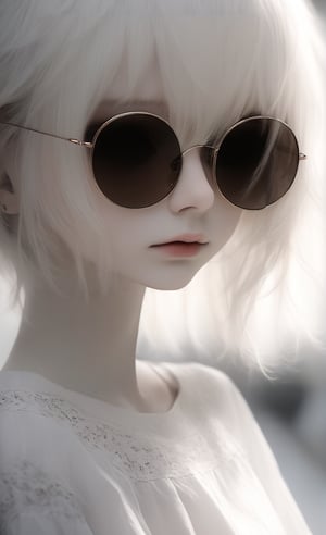 ((Bokeh:1.5)),((Soft focus:1.5)),(Fog),((blur)),, emo, beautiful young albino girl, 18 years old, alabaster skin, very short brown hair, wearing glasses sun, round glasses ((messy hair)), (dark circles in the eyes), ((view from the side: 1.5)), the girl has beautiful red eyes, soft expression, depth and dimension in the pupils, detail, shadows, light, masterpiece, dresses a delicate white fractal lace printed dress, creating a sense of movement and depth. perfect tits, 3d toon style, round sunglasses, big breasts, dark clothing, t-shirt, emo dark circles,dal