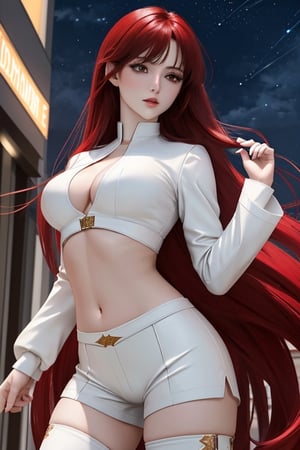 masterpiece, highest quality, (solo focus), (perfect face:1.1), (high detail:1.1),dramatic, 1girl, (pale skin), white eyes, solo, long black and red hair, medium breasts, white luxury suit, shorts and thigh high boots, covered navel, future city, nighttime, hands_on_waist