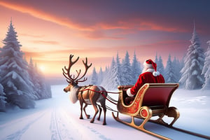 (materpiece), santa claus sleigh, reindeer cyborg, pulling the sleigh, nightime with sunset horizon