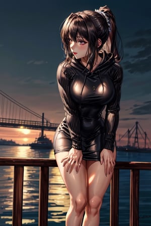 1girl, female_solo, mature black woman, long brunette ponytail, ,medium_breasts, brown_eyes, slim_figure, lipstick,  av idol, 
Drawstring Hoodie Ruched Dress, Casual Long Sleeve Dress, pier at night, hands on rail, Enhance, leaning_forward