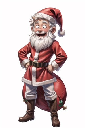 White Christmas background, Santa Claus, standing, hands on hips, laughing loudly