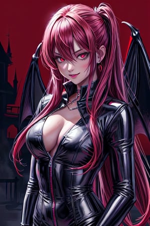 masterpiece, best quality, highres, 1girl, solo, modern vampire, red hair, long hair, open hair, red eyes, evil smile, 2 young boys on her both sides, both vampires with red hair, red and black outfit, scary background