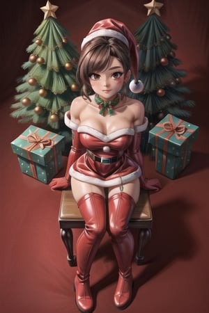 1girl, female_solo, mature black woman, long brunette ponytail, ,medium_breasts, brown_eyes, slim_figure, lipstick,  av idol, 
Santa outfit with thigh high red boots, christmas background with christmas tree, sitting in chair, top view