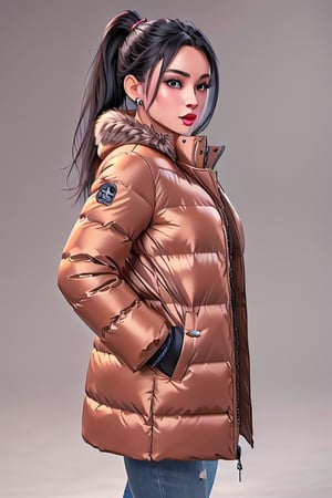 1girl, female_solo, mature black woman, long brunette ponytail, ,medium_breasts, brown_eyes, slim_figure, lipstick,  av idol, Winter Thicken Puffer Coat Warm Jacket With Fur Hood, winter background, walking, upper body portrait,3D MODEL