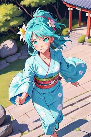 1girl, solo, from above, (white lily flowers), aesthetic, intricate, best quality, detailed background, Sayaka Miki, ((girl wearing a patterned teal kimono:1.2)), (srunning in zen garden),  casual pose, detailed textures, posing, floral print, hair flower, hair ornament, japanese clothes, kimono, obi, outdoors, pagoda, petals, (teal kimono), sash, shrine, sky, stone stairs, torii, wide sleeves, yukata,Enhance, 