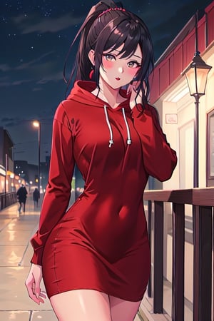 1girl, female_solo, mature black woman, long brunette ponytail, ,medium_breasts, brown_eyes, slim_figure, lipstick, av idol, Drawstring Hoodie Ruched Dress, Casual Long Sleeve Dress, pier at night, hands on rail, Enhance, 
