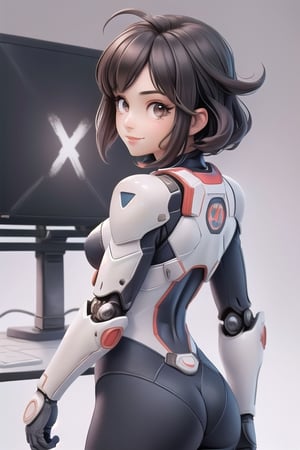 (upper body), (realistic, [anime]), (3d:0.3), dramatic lighting, ((masterpiece)),(quality),(highres), tall Lady Voidstar, [[covered abs]], ((x-ray power armor|lined bodysuit|white power armor) mechanical arms), long black hair undercut, [evil smile], small breasts, covered navel, eyeliner, eyelashes, perfect face, beautiful nose, detailed pupil, beautiful eyes, detailed eyes, brown eyes, perfect lips, a-pose on monitor, simple background, [boku no hero academia], (zet:1) , back view, looking over shoulder