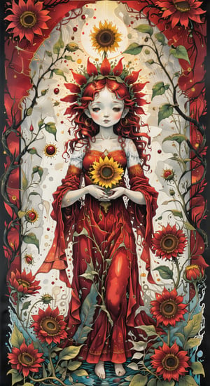 pen and ink, liquid ink, best quality, double exposure, vintage triadic red colors, tarot card "A RED CANELUS ANGEL HOLDING A SUNFLOWER", mysterious and detailed image, Craola, Dan Mumford, Andy Kehoe, 2d, flat, vintage, cracked paper art, patchwork, detailed storybook illustration, cinematic, ultra highly detailed, mystical, luminism, vibrant colors, complex background