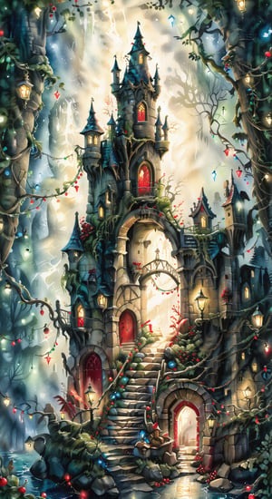 Ink and watercolor wash, a painting of an old haunted castle, stone staircase leading to it, night painting, decorated with strings of (((twinkling red, green, blue Christmas lights))), glowing in the misty dark, inspired by J.M.W. Turner and thomas kinkade, neo-gothic, gothic art, ultra detailed, festive illustration, golden ratio, mysterious realm, extremely detailed, architecture, twisted bare trees, (, ,more detail XL