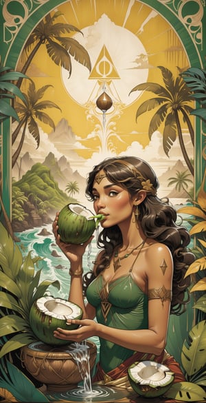 An art nouveau print with lineart and mainly sepia color. A Hawaiian woman drinking water from a green coconut with a straw is in the foreground. The surrounding decor contains green plants, a triforce symbol, Harry Potter references and circus flags, detailed matte painting, deep colors, fantastic and intricate details, splash screen, complementary colors, fantasy concept art, 8k resolution trending on Artstation Unreal Engine