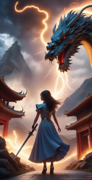 (inspired by Alena Aenami:0.5), (divine magic), magical photo of an attractive stunning beautiful mechangel girl poised wielding a (mythril_sword:1.2) while facing (a chinesedragon:1.2) in the background, (hair movement:1.15),
at night, (zombies:1.1), Japanese village on fire, mass_destruction, entrance path, (falling leaves:1.1), (lightning storms:1.1), fireflies, mountains, moon, trees, aurora, apocalyptic, large-scale, view_from_behind,
(style photorealistic), 
(superior quality), (masterpiece), (intricate details), (hyperdetailed), 8k hdr, award-winning, artstation trending, sharp focus,
concerned look,
cinematic lighting, raytracing, dramatic atmosphere, atmospheric perspective, film grain, ,Angel 
