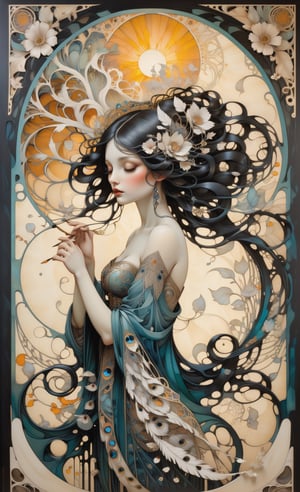 Create an elaborate Art Nouveau-inspired work, interweaving dark narratives, featuring Andy Kehoe's double exposure technique and intricate details with liquid paint and paint drops. The canvas unfolds an action painting narrative with transparent layers, amplifying the filigree elegance of an ethereal lady of the air spirit. Her ornate presence, adorned with white hair blowing in the wind, interacts with cascading petals and meticulously detailed feathers.
Drawing inspiration from the grace of Alfons Mucha, this spiritual lady strikes a dynamic pose, with sharp eyes and an intricately detailed face. The setting reveals a detailed sunrise in pastel tones, capturing the essence of spring. The juxtaposition of cuteness and a touch of spookiness is depicted on cracked vintage paper, enhancing the mystical aura. The small details abound, creating a patchwork of beauty reminiscent of artists like Ray Caesar and James Jean.
In this mesmerizing composition, every inch of canvas is an intricately posed masterpiece, blending the beauty of ornate Art Nouveau with the haunting allure of dark tales, creating a visually stunning tapestry of small, beautiful details.