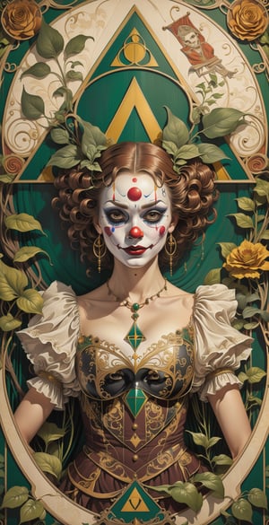 An art nouveau print with lineart and mainly sepia color. a woman in a clown mask is in the foreground. The surrounding decor contains green plants, a triforce symbol, Harry Potter references and circus flags, detailed matte painting, deep colors, fantastical, intricate details, splash screen, complementary colors, fantasy concept art, 8k resolution trending on Artstation Unreal EngineIn this mesmerizing composition, every inch of canvas is an intricately posed masterpiece, blending the beauty of ornate Art Nouveau with the haunting allure of dark tales, creating a visually stunning tapestry of small, beautiful details.