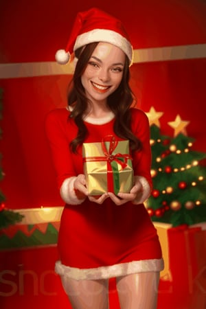 "Generate a brief animation of a woman giving me a Christmas gift while wearing Christmas-themed clothing, gift wrapping, with a warm smile. Emphasize the Christmas spirit and show the joy and warmth of the holiday season in each animated sequence."