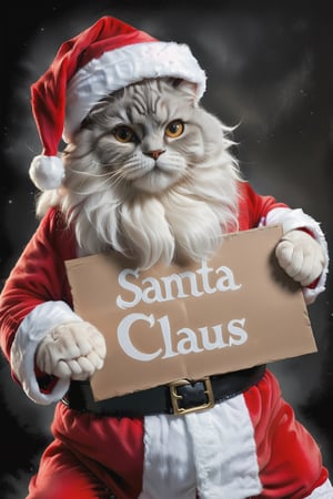 a furry and cuddly cat dressed like Santa Claus, long white hair and beard )), (cat dressed like Santa Claus, cat's Christmas.), (((holding a sign with the text: "Santa Claus")) ), action-packed background