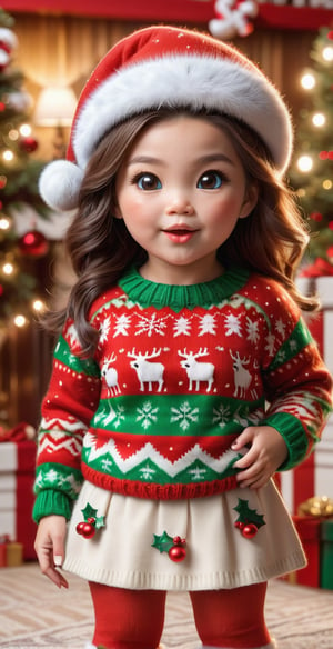 Christmas Sweater, Steak Dinner, Professional, High Quality, 8K, Adorable Cute girl mummy,