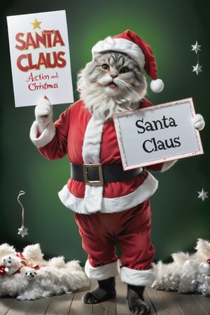 a furry and cuddly cat dressed like Santa Claus, long white hair and beard )), (cat dressed like Santa Claus, cat's Christmas.), (((holding a sign with the text: "Santa Claus")) ), action-packed background