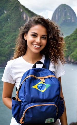 Luana Oliveira. A 28-year-old Brazilian blogger, with dark, wavy hair, tanned skin, expressive eyes that reflect her passion for culture, Luana is free, holding her camera with an infectious smile, adding objects that remind her of her trip, such as a backpack with some photographic utensils and perhaps a map of Brazil to indicate the destination of the journey. The image should convey an atmosphere of enthusiasm, adventure and joy, reflecting Luana's spirit and dedication to sharing the beauty of Brazil.