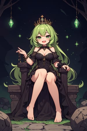 green hair, twinwails, :D, barefoot, showing feet, crown, black dress studded with emeralds, queen, green eyes, sitting on a throne, dungeon setting, cleavage