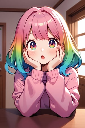 cute girl, rainbow gradient hair, rainbow gradient eyes, pink wool sweater, indoors, hands on her face, :o