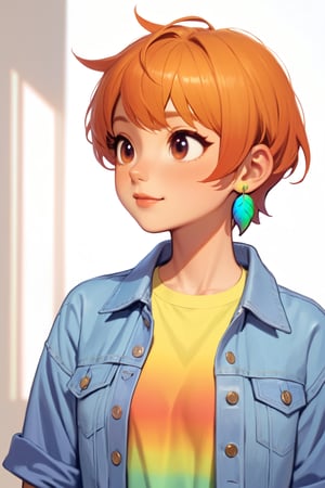 1girl, rainbow gradient shirt, denim jacket, orange hair, pixie haircut, leaf earring, bedroom
