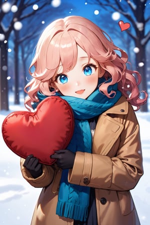cute girl, holding heart pillows, tan winter coat, blue scarf, pink wavy hair, snowing, blue eyes, blushing