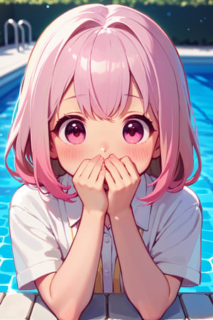 1girl, super cute, white shirt, poolside, yellow to pink gradient hair, pink eyes, eyes wide open, both hands covering her mouth