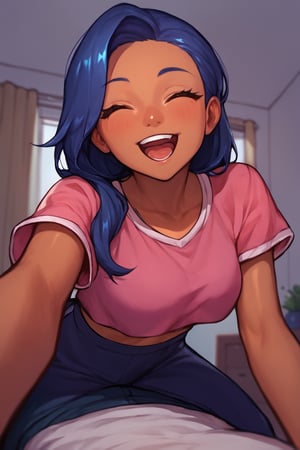 score_9,  score_8_up, uncensored, super cute style, 1girl, solo, brown skin, playful, on top of the viewer, long dark blue hair, mouth open smile, both_eyes_closed, pink crop top, indoors, pouncing on viewer, below, male_pov, fully clothed