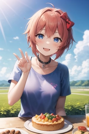 sayori, blue eyes, red hair, hair bow, red bow,bow,short hair,perfec girl,solo_female, outdoors,camiseta rosa,collar con un corazón dorado, una cena de ensueño, cielo azúl hermoso,In front of her is a table with delicious desserts, smiling, wearing a pink t-shirt, happy, a beautiful blue sky and open field.